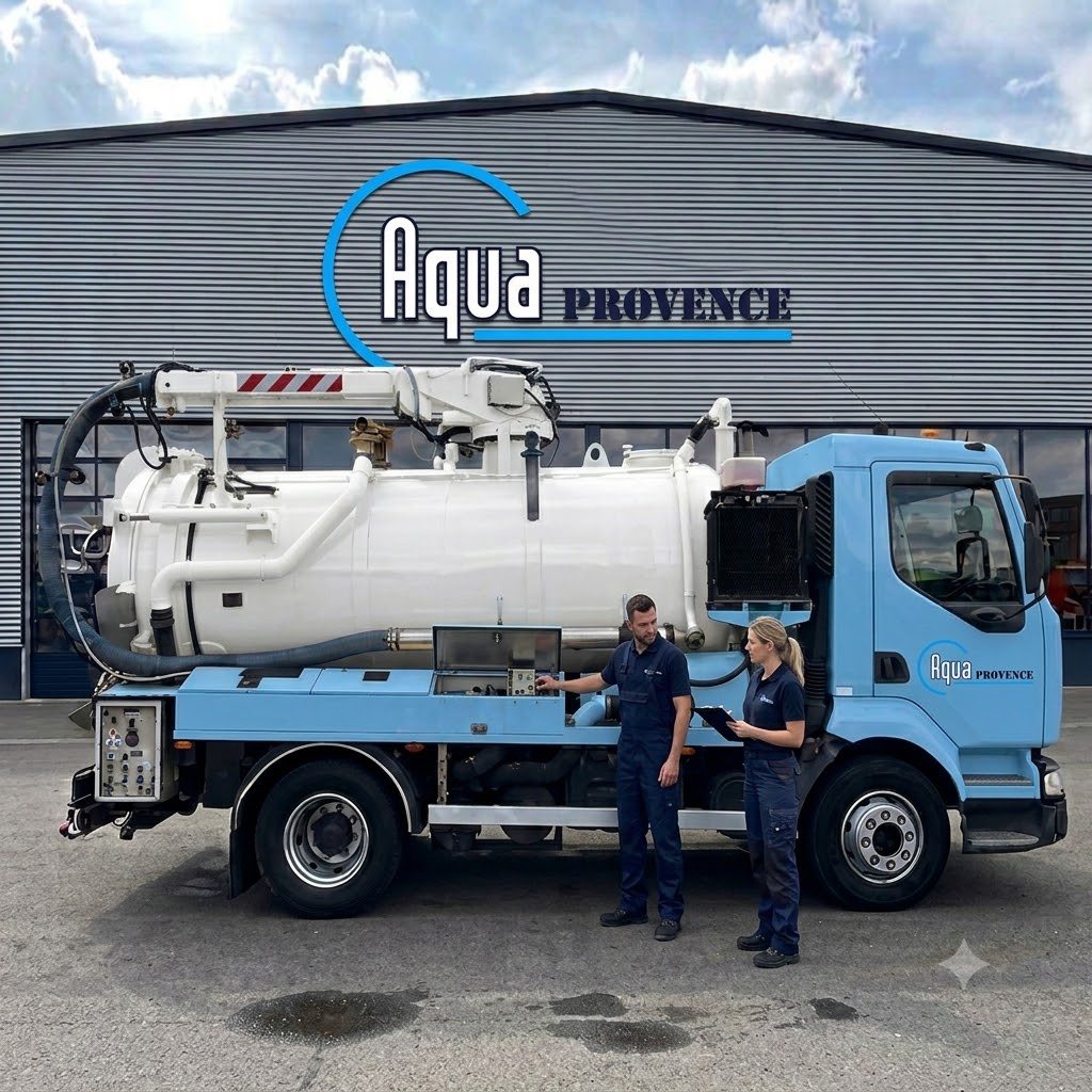 Camion hydrocureur AQUAPROVENCE et son équipe devant l'agence — vidange et débouchage dans le Pays d'Aix